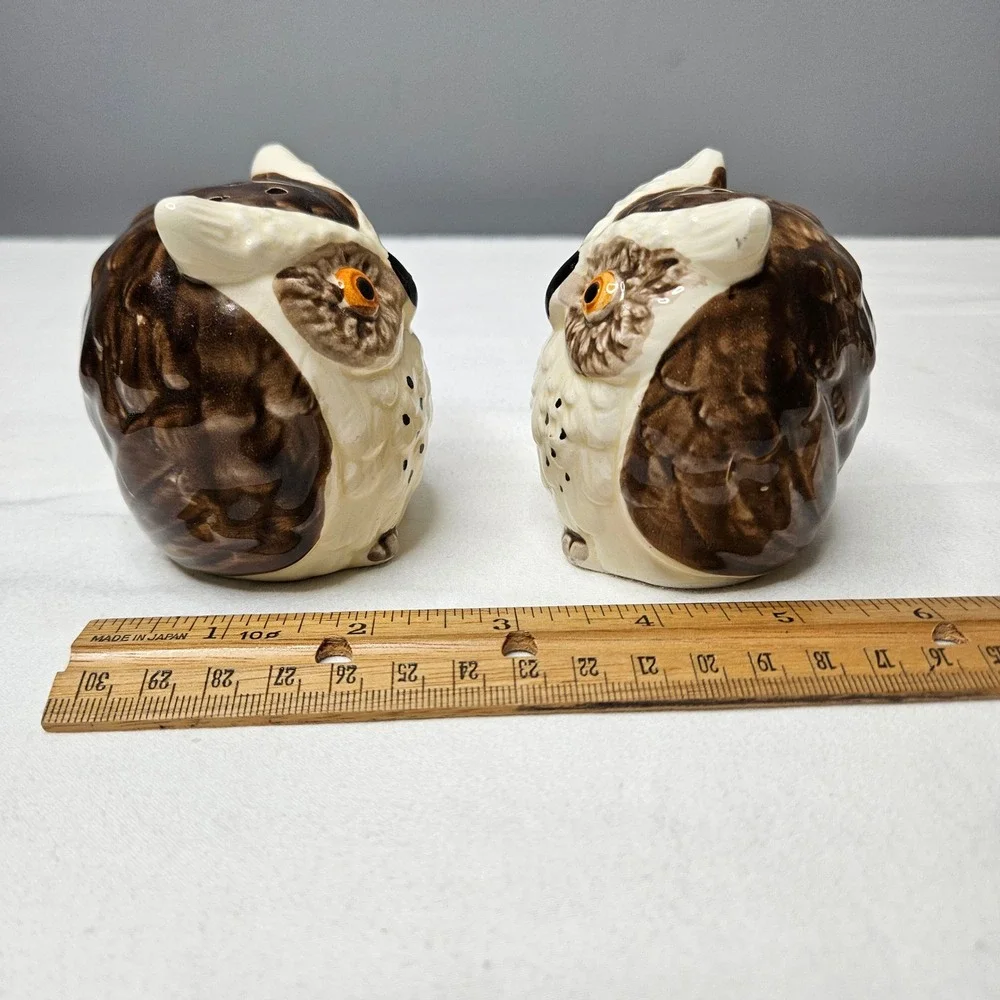 Vtg Owl Salt and Pepper Shakers Set Ceramic Japan Brown White Mid Century Modern